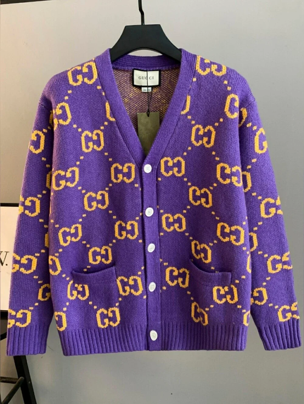 GUCCI Purple Logo Jacquard V-Neck Cardigan